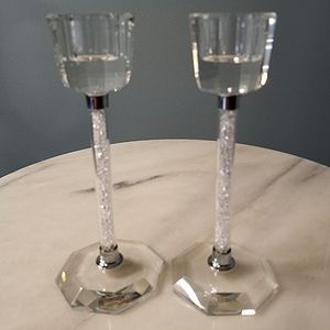 Signed Oleg Cassini Crystal Candle Holder Set Silver Beaded Filling 6" Wedding